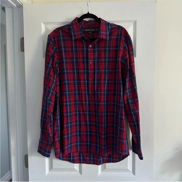 Size L Men’s Michael Kors Red and Blue Plaid Dress Shirt - Picture 1 of 2